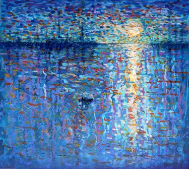 Ζωγραφική με τίτλο "Boat Sea and Sunset" από Rakhmet Redzhepov, Αυθεντικά έργα τέχνης, Λάδι Τοποθετήθηκε στο Ξύλινο φορείο σ…