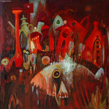 Pittura intitolato "Fish Town II / Rybi…" da Justyna Ralicka, Opera d'arte originale, Olio