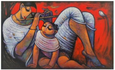 Ζωγραφική με τίτλο "Mother and child" από Ramesh Gujar, Αυθεντικά έργα τέχνης, Ακρυλικό Τοποθετήθηκε στο Ξύλινο φορείο σκελε…
