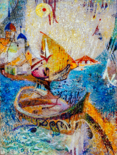 Painting titled "Barques à la Corne…" by Raphy, Original Artwork, Oil Mounted on Wood Panel