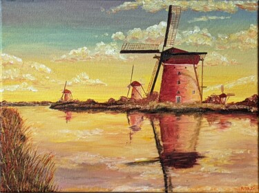 Painting titled "Kinderdijk et ses m…" by Céline Rauzi, Original Artwork, Oil Mounted on Wood Stretcher frame