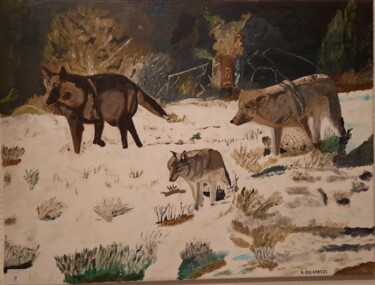 Painting titled "les loups" by Raymond Delafosse, Original Artwork, Oil Mounted on Wood Stretcher frame