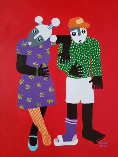 Ζωγραφική με τίτλο "le couple" από Raymond Yves Kono (Ntshi-Ntshim), Αυθεντικά έργα τέχνης, Ακρυλικό