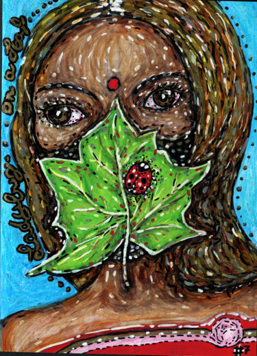 Drawing titled "#07-LadyBug on a Le…" by Karine Garelli (Reds Robin), Original Artwork, Marker