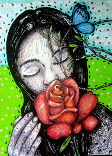 Drawing titled "Fleur Rose" by Karine Garelli (Reds Robin), Original Artwork, Ballpoint pen