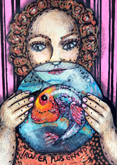 Tekening getiteld "Big Fish" door Karine Garelli (Reds Robin), Origineel Kunstwerk, Gouache