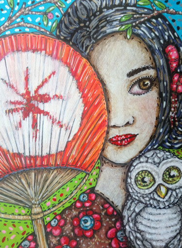 Drawing titled "Geisha with Owl" by Karine Garelli (Reds Robin), Original Artwork, Marker