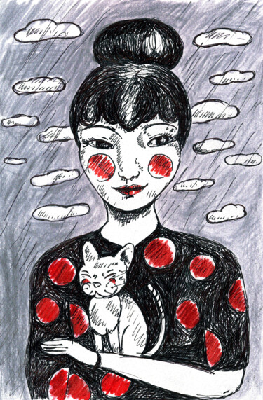 Dessin intitulée "La Fille du Chat" par Karine Garelli (Reds Robin), Œuvre d'art originale, Marqueur