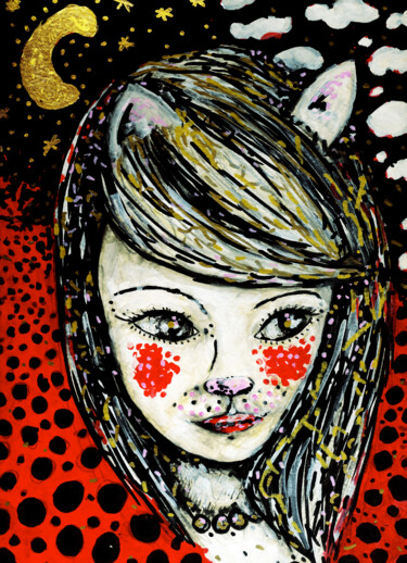 Dessin intitulée "Femme chat" par Karine Garelli (Reds Robin), Œuvre d'art originale, Autre