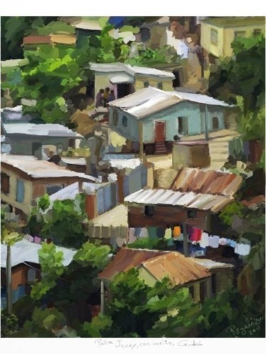 Schilderij getiteld "Chabolas en Jamaica" door Regaliza, Origineel Kunstwerk, Olie