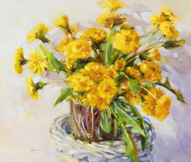 Painting titled "Dandelions. Impress…" by Regina Butkuviene, Original Artwork, Oil Mounted on Cardboard