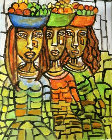 Painting titled "The fruitsellers" by Regina Dem, Original Artwork, Acrylic Mounted on Wood Stretcher frame