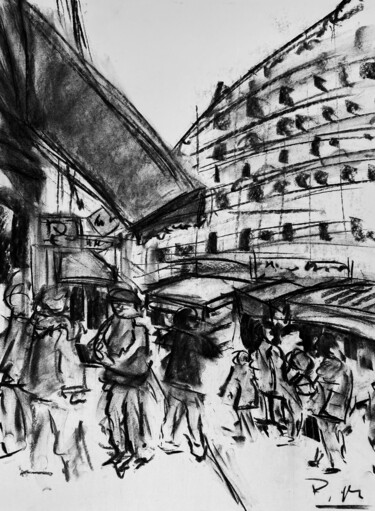 Drawing titled "Rue le samedi après…" by Regine Blot, Original Artwork, Charcoal Mounted on Wood Panel