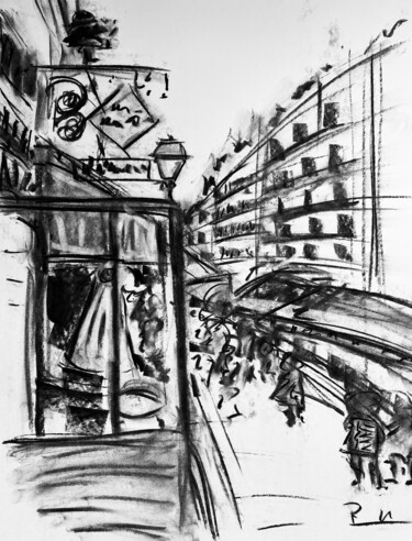 Drawing titled "Sur le trottoir" by Regine Blot, Original Artwork, Charcoal Mounted on Cardboard
