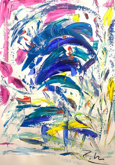 Peinture intitulée "Danse en bleu sous…" par Regine Blot, Œuvre d'art originale, Acrylique Monté sur Panneau de bois