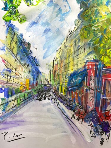 「Rue animée en été」というタイトルの絵画 Regine Blotによって, オリジナルのアートワーク, アクリル ウッドパネルにマウント