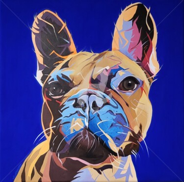 Schilderij getiteld "FRENCH BULLDOG" door Régine Guthmann, Origineel Kunstwerk, Acryl Gemonteerd op Frame voor houten branca…