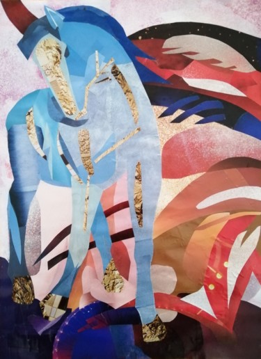 Collages intitulée "Mon cheval bleu" par Régine Ledanois, Œuvre d'art originale, Collages