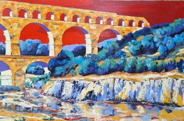 Pittura intitolato "Le Pont du Gard" da Régine Méric-Augier, Opera d'arte originale, Olio Montato su Telaio per barella in l…