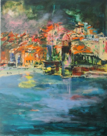 Painting titled "Soirée à Collioure" by Navema, Original Artwork, Acrylic Mounted on Wood Stretcher frame