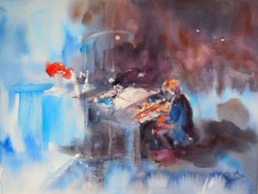 Painting titled "Le Pianiste au bouq…" by Navema, Original Artwork, Watercolor Mounted on Other rigid panel