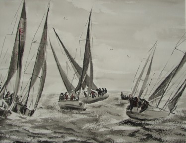 Painting titled "Régates de voiliers" by Navema, Original Artwork, Ink