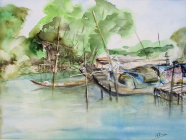 Painting titled "barques sur le Méko…" by Navema, Original Artwork, Watercolor