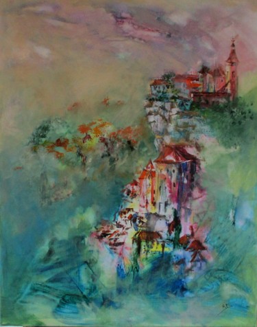 Painting titled "Rocamadour" by Navema, Original Artwork, Acrylic Mounted on Wood Stretcher frame