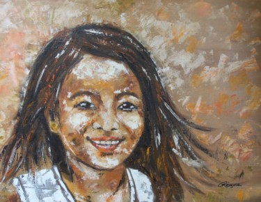 Pintura intitulada ""FILLETTE DU VIETNA…" por Régine Peltier, Obras de arte originais, Óleo Montado em Armação em madeira