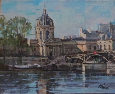 Painting titled "Pont des arts et In…" by Régis Pettinari, Original Artwork, Oil Mounted on Wood Stretcher frame