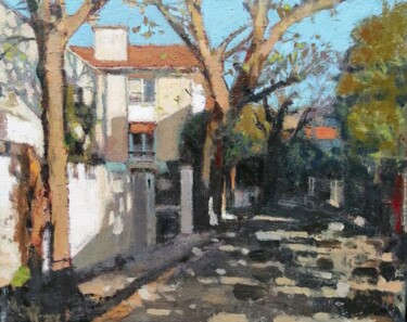 Painting titled "Maisons en banlieue" by Régis Pettinari, Original Artwork, Oil Mounted on Wood Stretcher frame