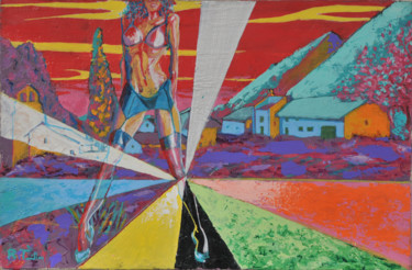 Schilderij getiteld "CAMPING EN PYRENEES…" door Régis Tuaillon, Origineel Kunstwerk, Acryl