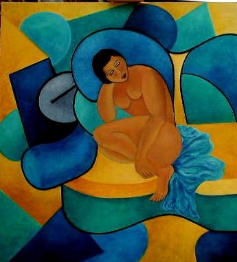 Peinture intitulée "le canapé bleu" par Reine De Cordier, Œuvre d'art originale, Huile
