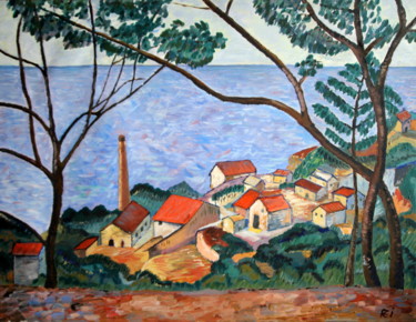 Painting titled "La mer à l'Estaque…" by Rémi Demerlé, Original Artwork, Oil Mounted on Wood Stretcher frame