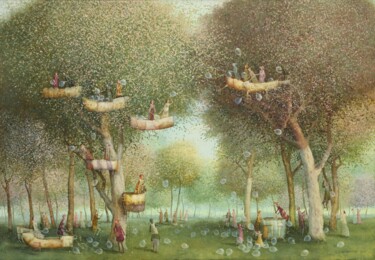 Peinture intitulée "Garden with balloons" par Remigijus Januskevicius, Œuvre d'art originale, Huile