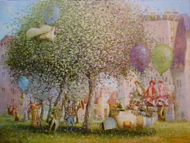 Pittura intitolato "The feast of balloo…" da Remigijus Januskevicius, Opera d'arte originale, Olio
