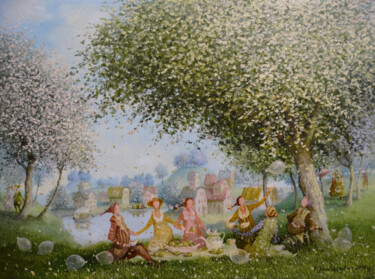 Peinture intitulée "Tea in the garden" par Remigijus Januskevicius, Œuvre d'art originale, Huile