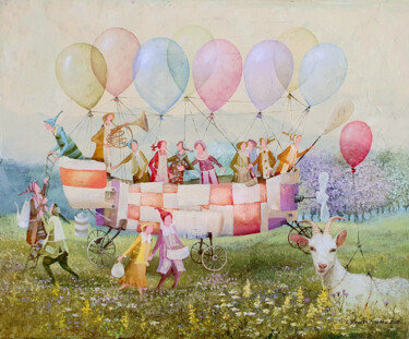 Painting titled "The Balloonists" by Remigijus Januskevicius, Original Artwork, Oil