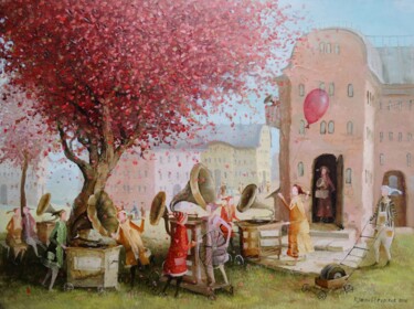 Painting titled "music lovers yard" by Remigijus Januskevicius, Original Artwork, Oil