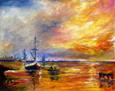 Painting titled "Puesta de sol en el…" by Remigio Megías García, Original Artwork, Oil