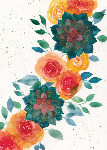 Painting titled "HOUSELEEKS & ROSES" by Rena Matha, Original Artwork, Watercolor