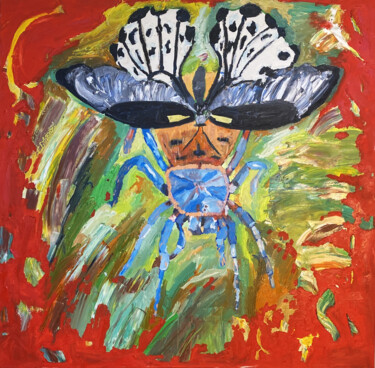 Painting titled "Butterfly & Tarantu…" by Renard Philippe, Original Artwork, Oil Mounted on Wood Stretcher frame