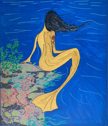 Peinture intitulée "La sirène à la rose" par Renaud Lambert, Œuvre d'art originale, Marqueur