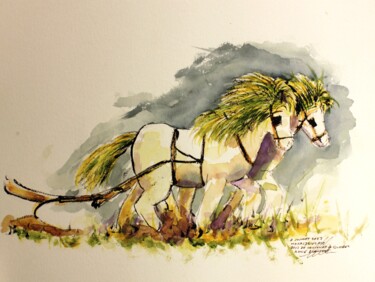 Tekening getiteld "Attelage de chevaux…" door René Blanchet, Origineel Kunstwerk, Inkt