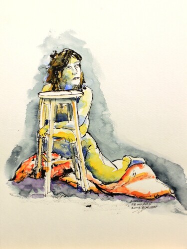 Dessin intitulée "Amélie et son banc" par René Blanchet, Œuvre d'art originale, Encre