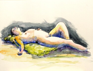 Dibujo titulada "Karine nue sur le d…" por René Blanchet, Obra de arte original, Tinta