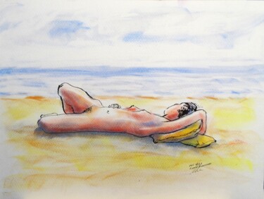 Drawing titled "Nue sur la plage" by René Blanchet, Original Artwork, Pastel