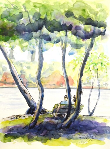Рисунок под названием "Sous les arbres du…" - René Blanchet, Подлинное произведение искусства, Акварель