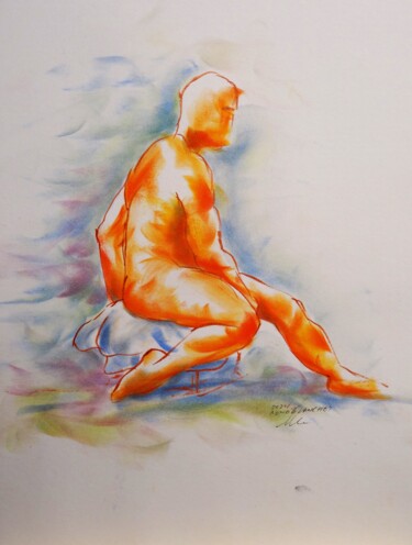 Drawing titled "La pose en flexion" by René Blanchet, Original Artwork, Pastel