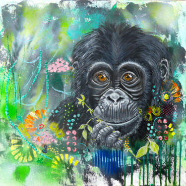 Painting titled "Bébé Gorille" by Renée Tortet, Original Artwork, Acrylic Mounted on Wood Stretcher frame